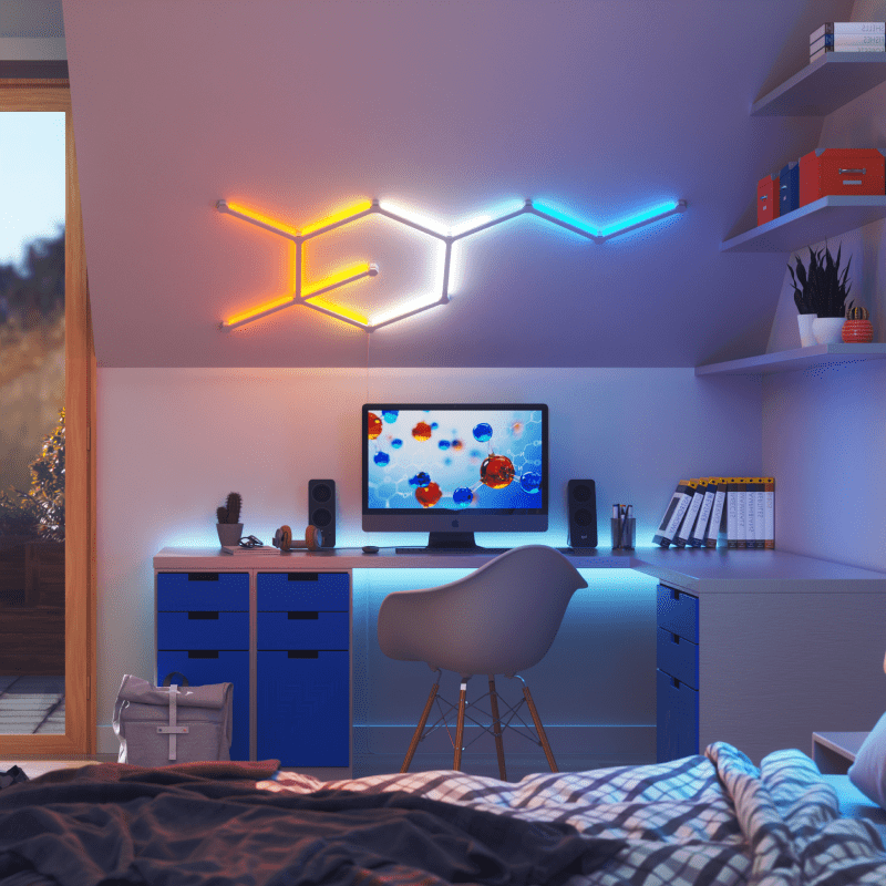 Nanoleaf Lines Thread enabled color changing smart modular backlit light lines mounted to a wall in a bedroom. HomeKit, Google Assistant, Amazon Alexa, IFTTT.